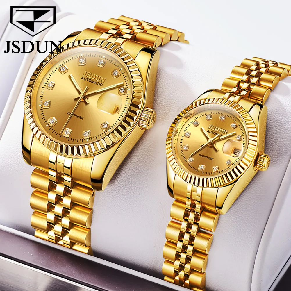JSDUN Luxury Mechanical Lovers Watches Automatic Date Waterproof Clock Stainless Steel Sapphire Mirror Male Female Wristwatch