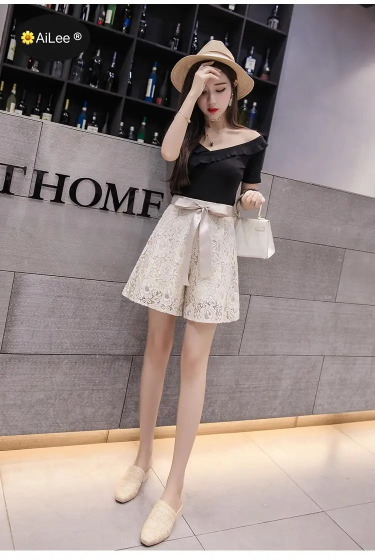 Women Wide Leg Lace Shorts Summer Loose Knee Length Shorts Ladies Casual High Waist Shorts Elegant Office OL Lady Street Shorts