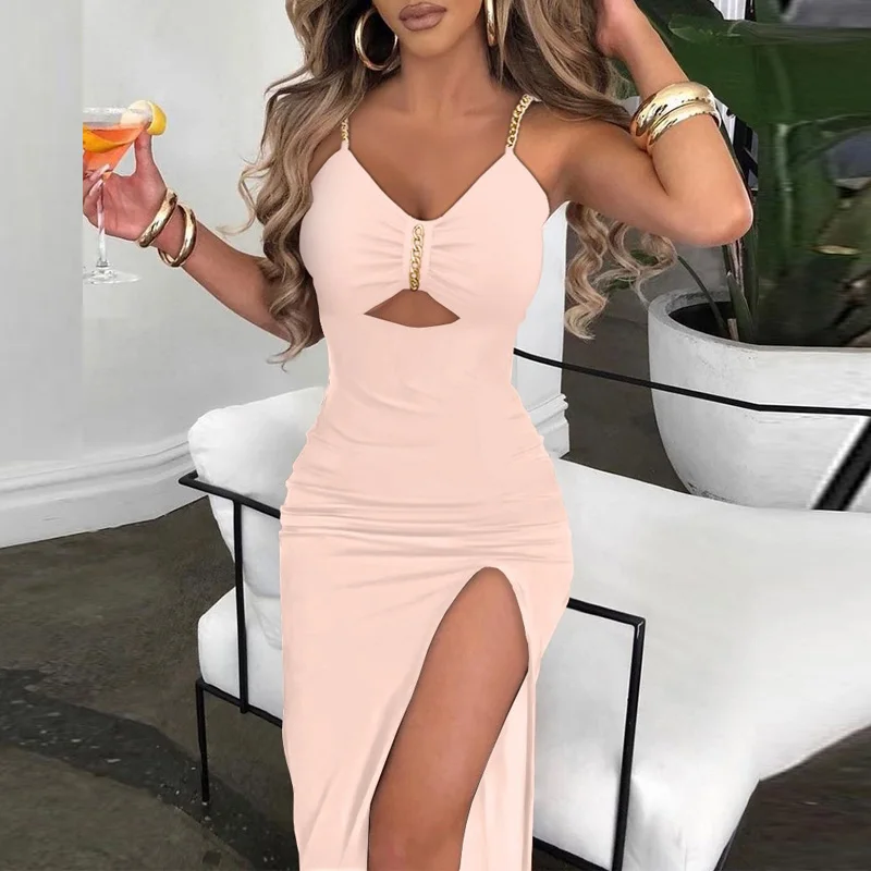 

Women Elegant Off Shoulder Hollow Out Dress Fashion Floral Print High Slit Long Dress Sexy Chain Straps V Neck Slim Party Dress