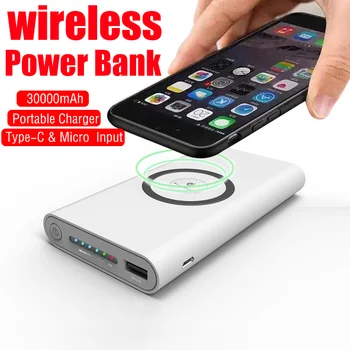 Wireless Power Bank 30000mAh Fast Charging Portable Charger External Auxiliary Battery Wireless Charger iPhone for Samsung MI 1