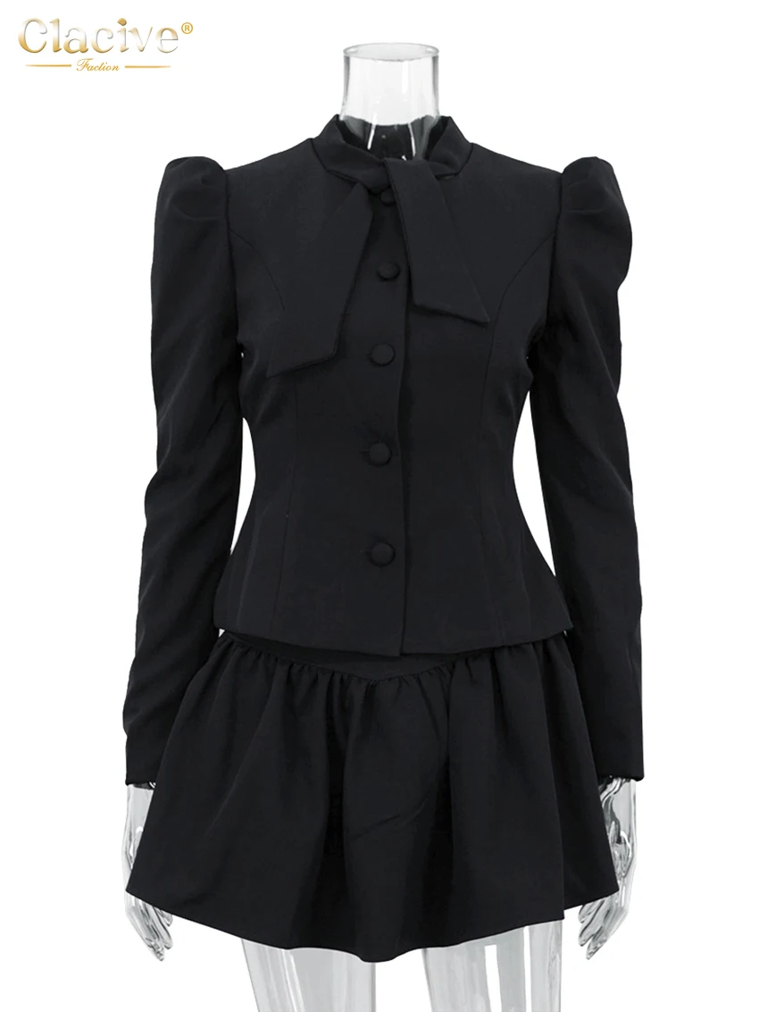 Фото Clacive Fashion Slim Серый офисный комплект из 2 предметов для женщин 2025 Элегантная рубашка с длинным рукавом и мини-юбкой с высокой талией Женский комплект №5