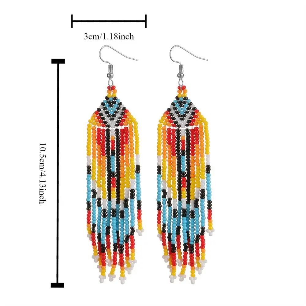 Летние серьги-подвески в клетку с бисером и кисточками богемные висячие серьги