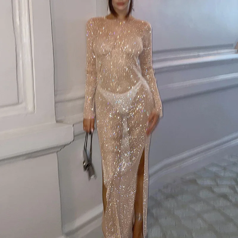 

Shine Knit Long Sleeves O Neck See Through Slit Sexy Bodycon Maxi Dress Summer Fall Women Beach Vacation Y2K Wholesale