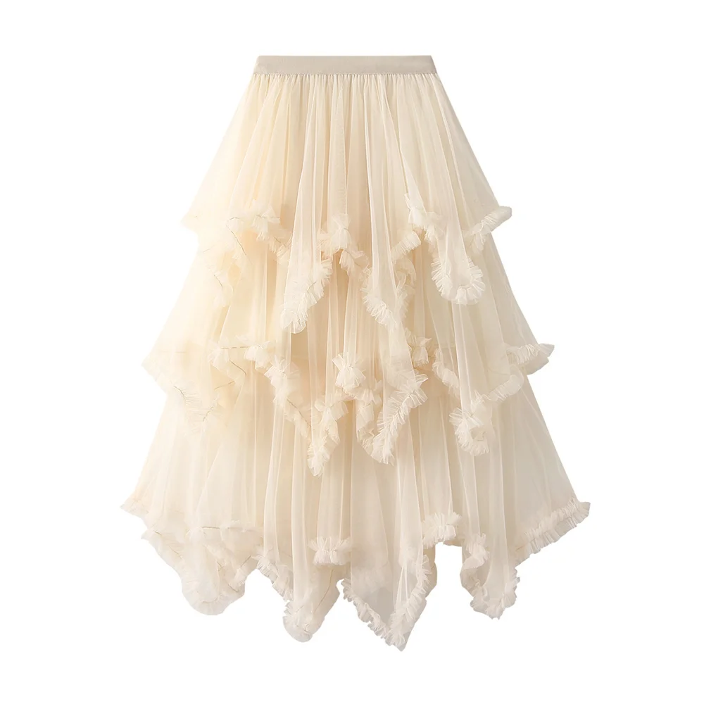 

Elegant Women Layered Tulle Long Skirt Vintage High Waist Solid Color Frill Trim Ruffle Big hem puffy fairy sarong