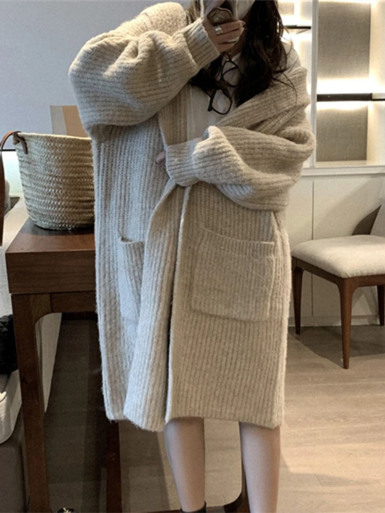 

Korean Fashion Women Sweaters 2023 Autumn Winter Solid Hooded Long Knitted Cardigan Casual Coat for Women Clothing Knitwears Top