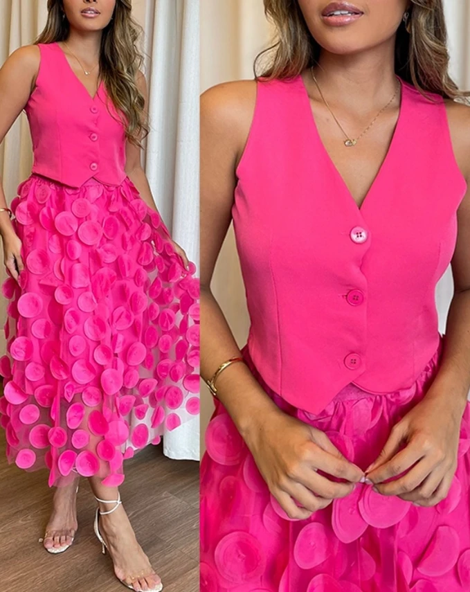 Женский Повседневный комплект из жилета на пуговицах и юбки с цветочным рисунком