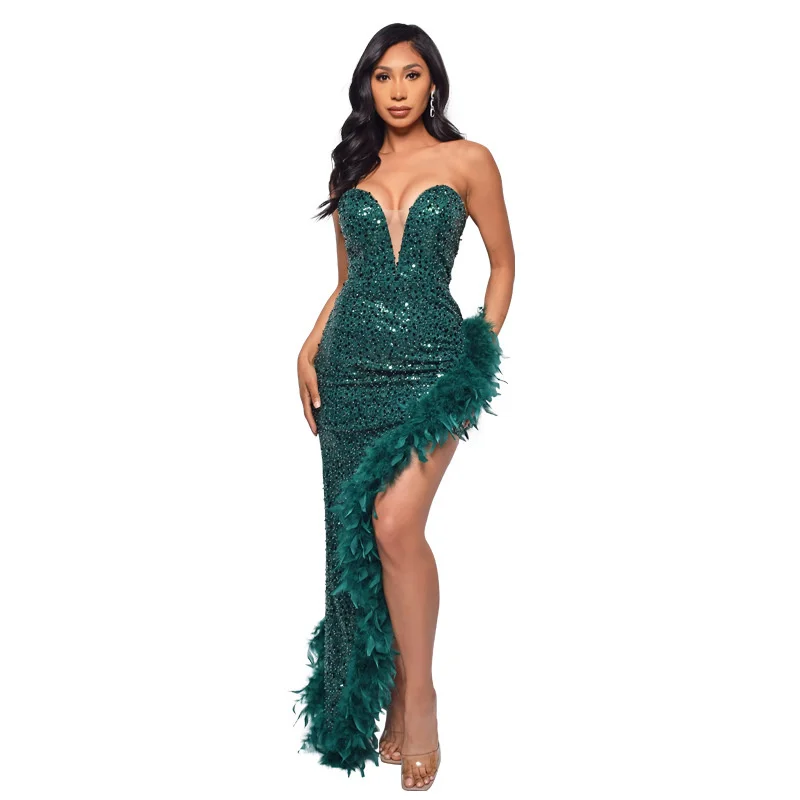 

Ins Women Strapless Sequin Feather Dress Sexy Womannew Year Party Evening Dinner Formal Party Gown Irregular Sparkly Club Dress