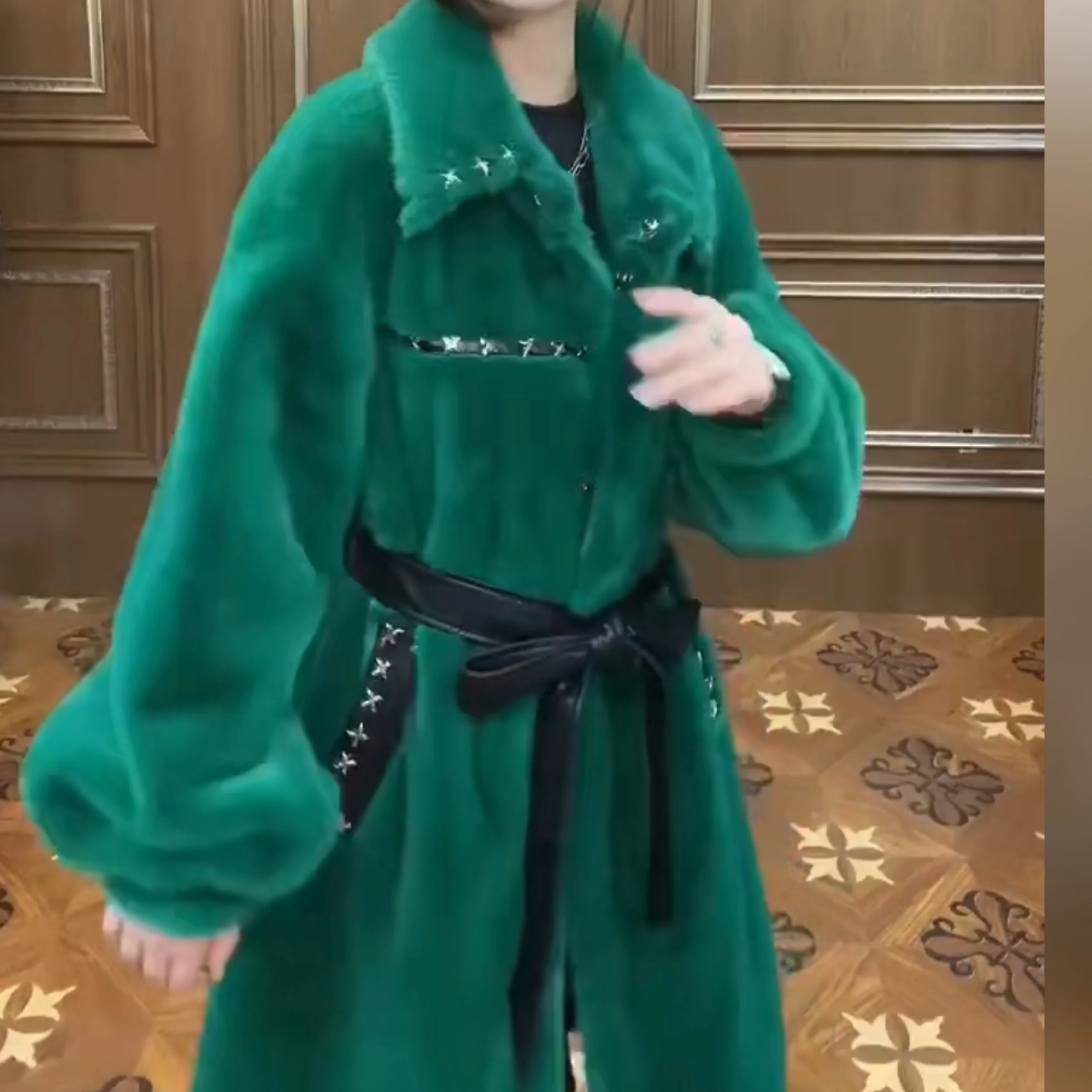 Faur Fur Long Sleeve Coat Female Toka Double Face Wool Leather Warm Heavy Embroidery Sequins Casual Trend Fashion Jacket Winter