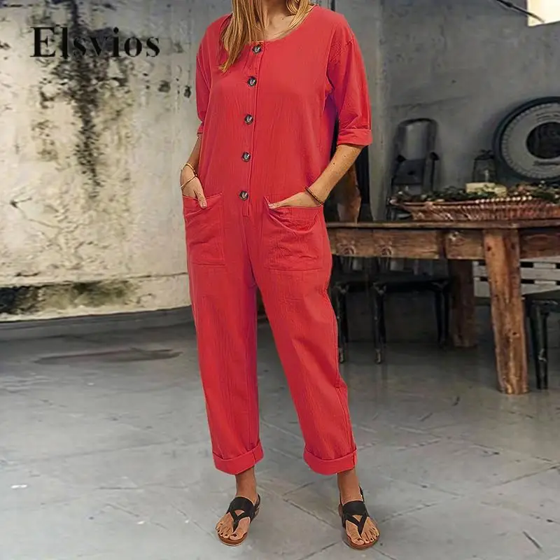 

2023 Fashion 3/4 Sleeve One-piece Overalls Female Solid Pocket Romper Playsuit Casual Buttoned Loose Women's Jumpsuit Streetwear