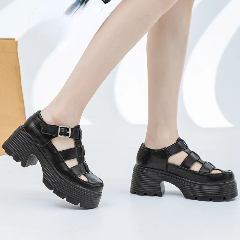 7cm Genuine Leather Women Shoes Platform Slippers Hollow Fashion Wedge Sandals Female Slip on Beach Summer Fashion Ladies Shoes