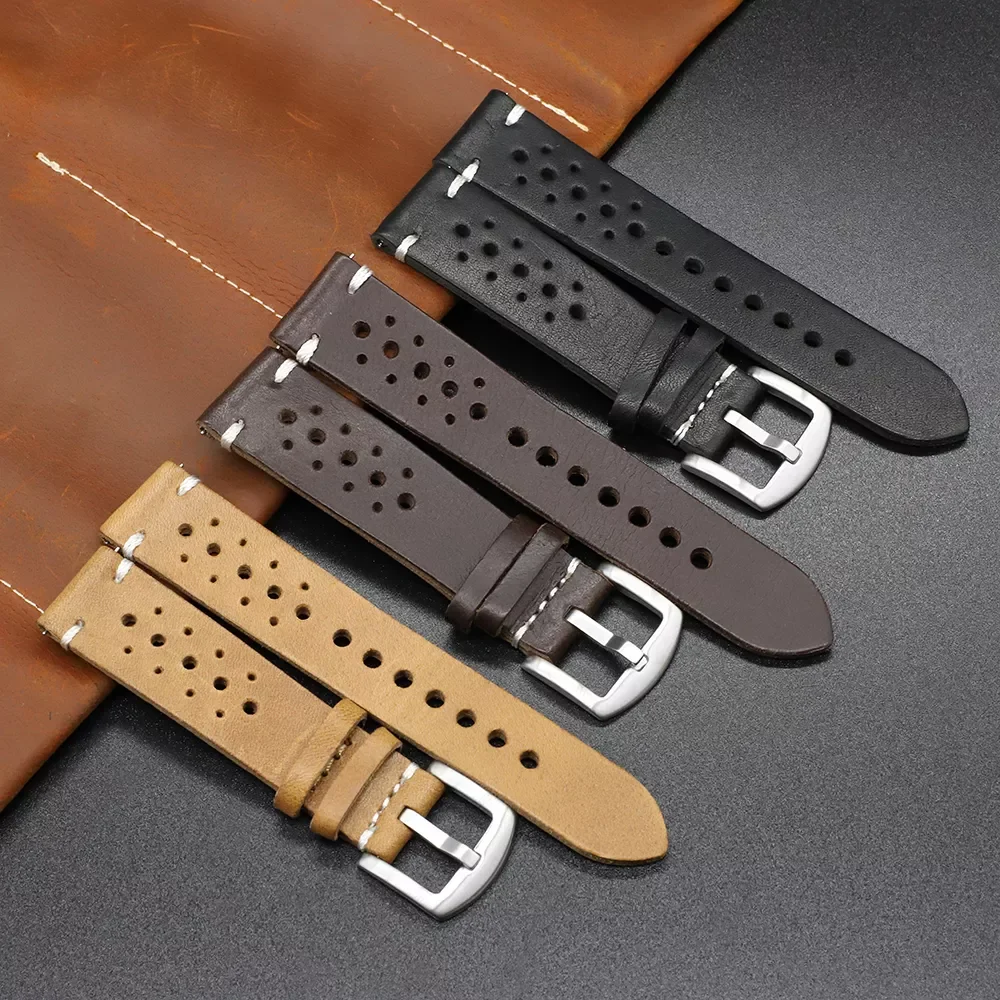 

Genuine Leather Watch Band Black Brown Coffee Color Rally Watch Strap Replacement Watchbands 18mm 20mm 22mm