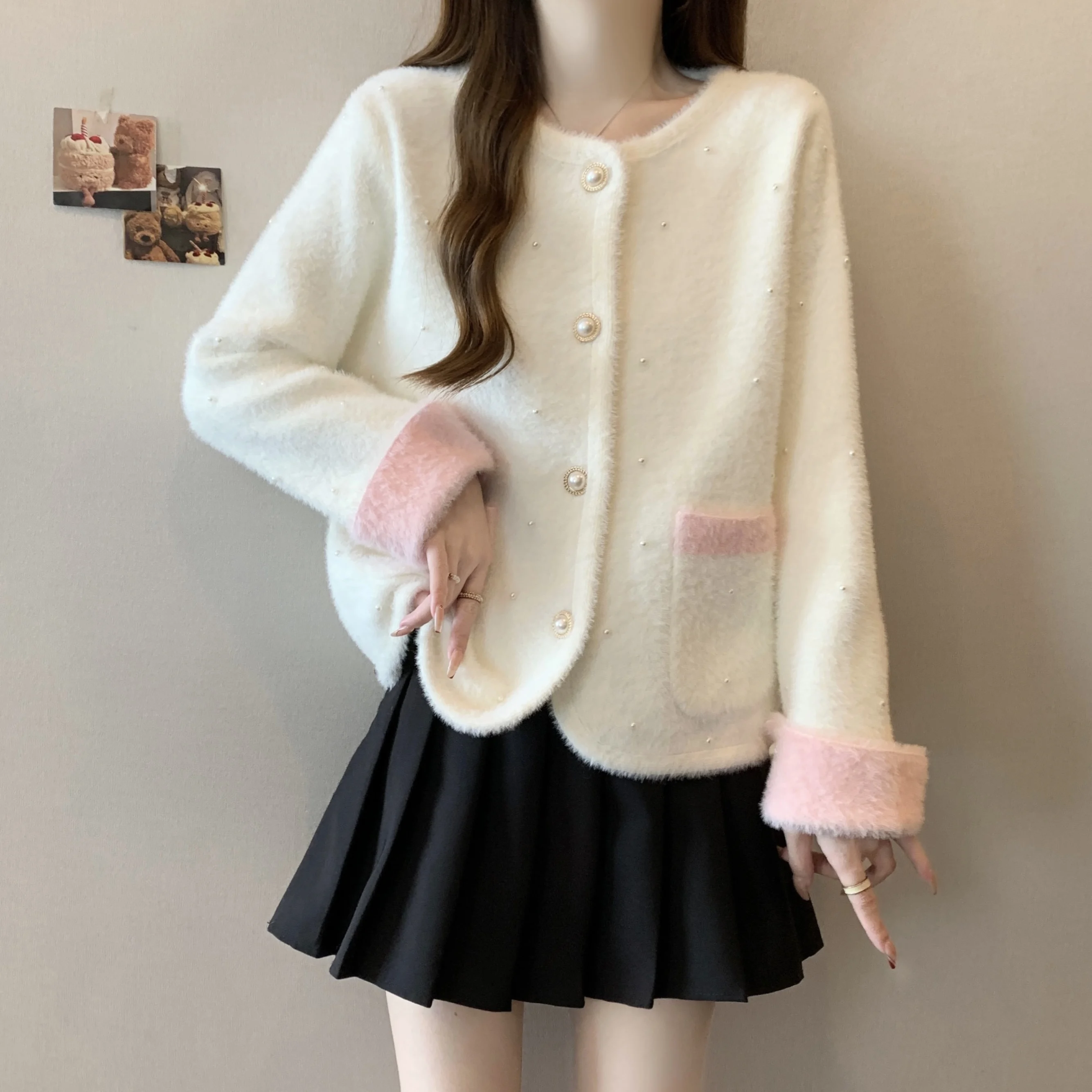 Изящный вязаный кардиган с жемчужным дизайном для женщин новинка 2024 осень