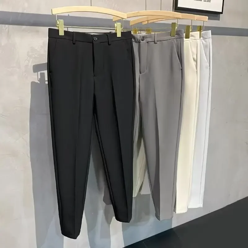 Summer Ice Silk Dropshot Straight-Leg Slimming Casual Suit Pants Thin Style Business Men's Trousers No Ironing Plus Size