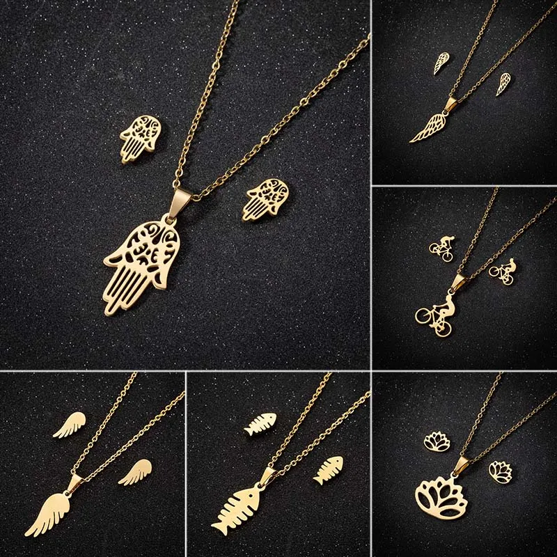 

Yiustar Retro Turkish Islamic Stainless Steel Hand Hamsa Pendant Necklace Earrings Vintage Hand of Fatima Jewelry Set for Women