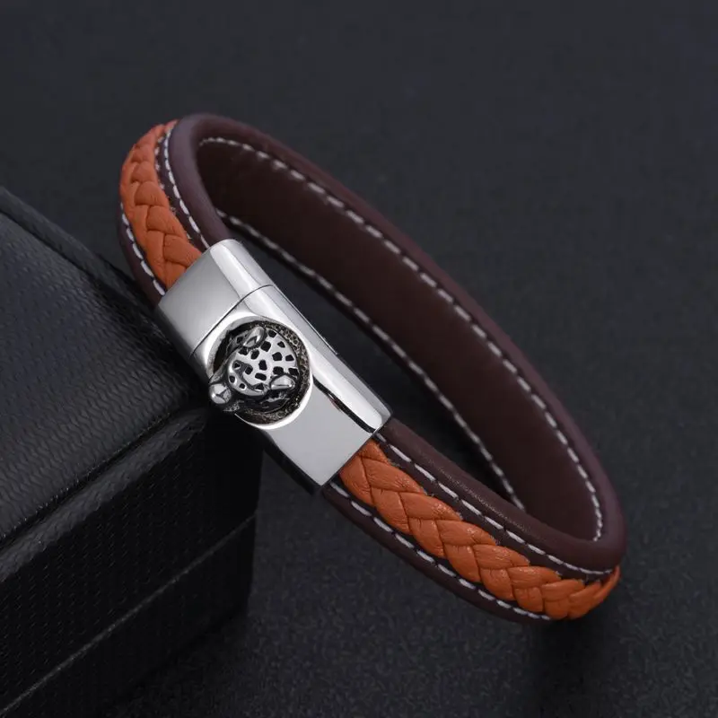 

Punk Unique Leopard Head Magnet Chain Link Men Male Charm Soft Leather Bracelets Charm Sporty Bracelets Jewelry Pulsera