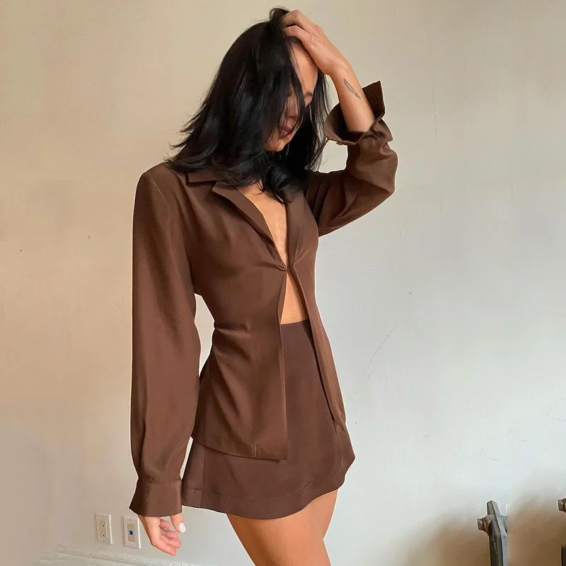 

Skirts Womens Turn-down Collar Button Two Piece Set Brown Long Sleeve Top High Waist Skirt Women Autumn Sexy Slim Office Outfits