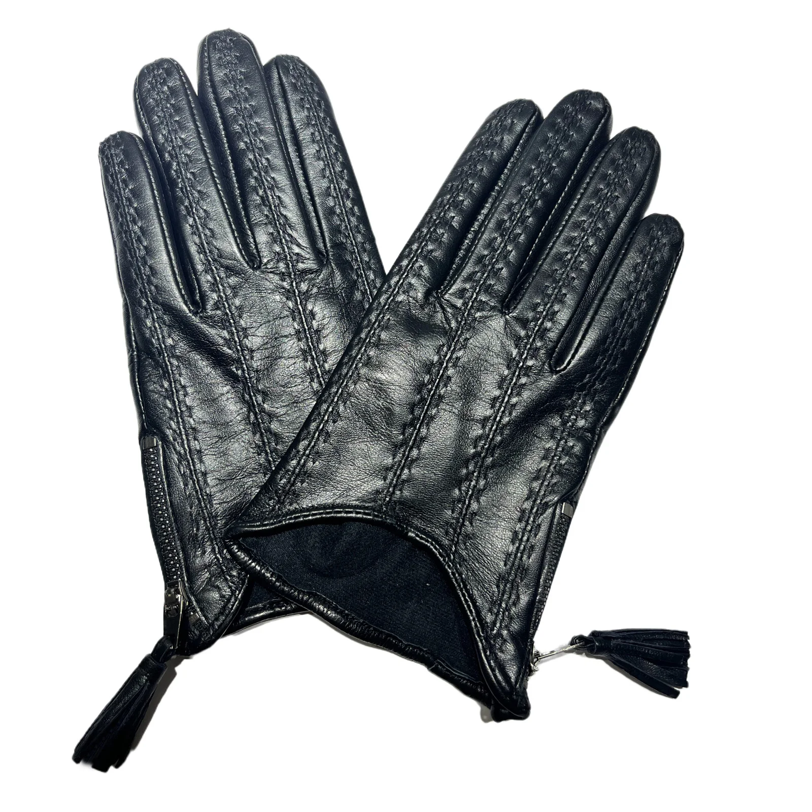 Женские черные зимние теплые перчатки LaSally из натуральной кожи с кисточкой на