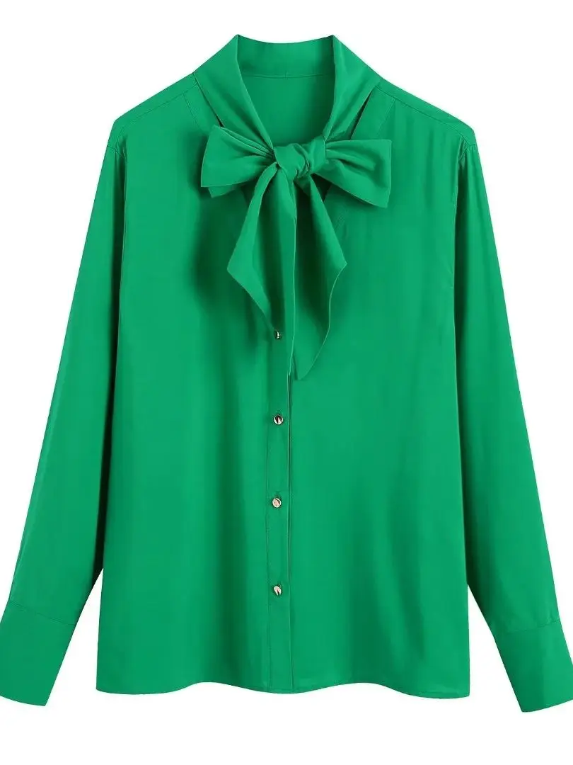 

PTYSIC Women Fashion Green Blouse Elegant Bow Tie Single Breasted Solid Color Shirt 2022 Spring New Female Streetwear