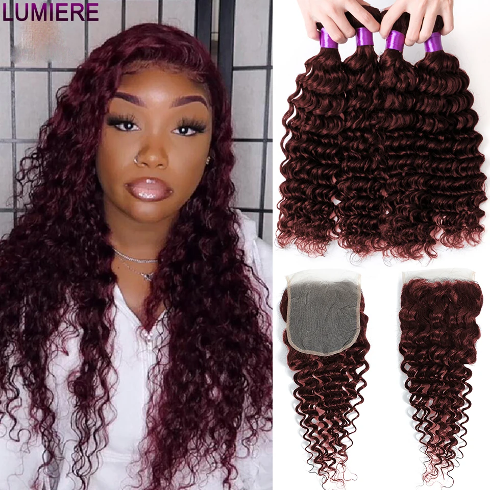 

Lumiere 10"-28" 100% Remy #99J Deep Wave Machine Double Weft Human Hair Bundles With 4X4 Medium Brown Lace Closure For Women