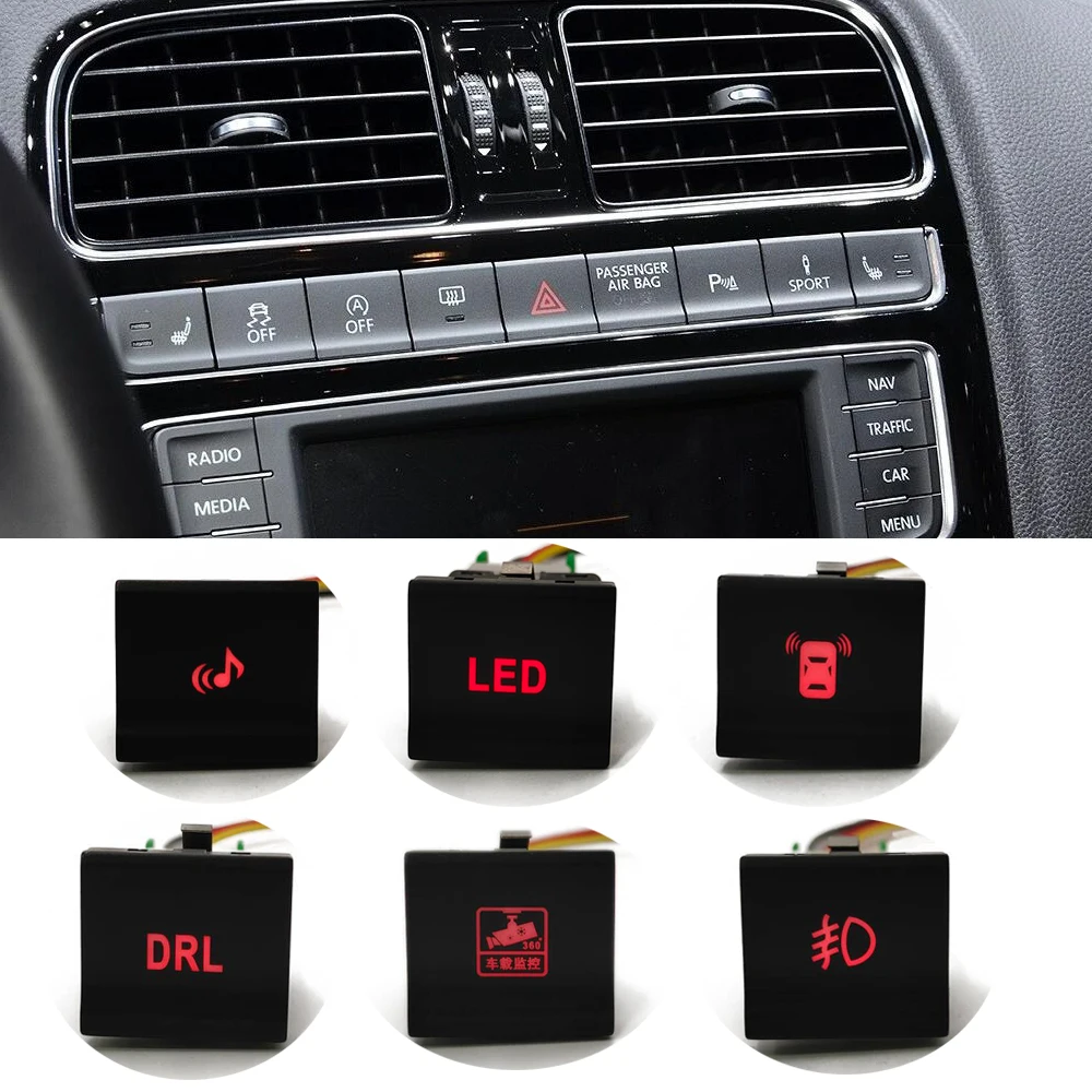 

Автомобильная красная лампа дневного света, встроенный в радар, камера, переключатель передней противотуманной фары, кнопочный переключатель для vw polo 6c 2014 2015 2016