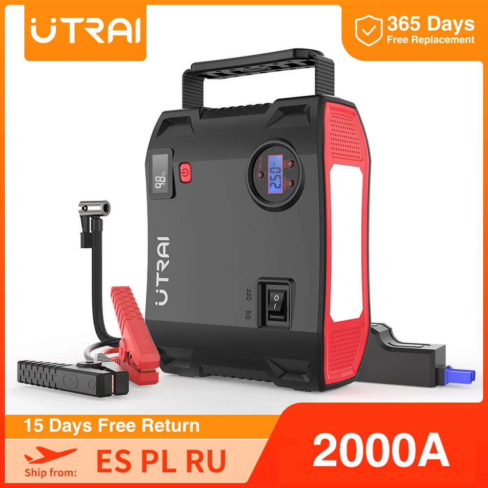 

UTRAI 4 In 1 2000A Jump Starter Power Bank 150PSI Air Compressor Tire Pump Portable Charger Car Booster Starting Device