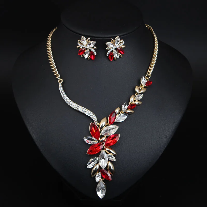 

Boho Exaggerated Water Drop Flower Crystal Stone Gold Color Necklace Earrings for Women Bridal Wedding Party Jewelry Set Gift