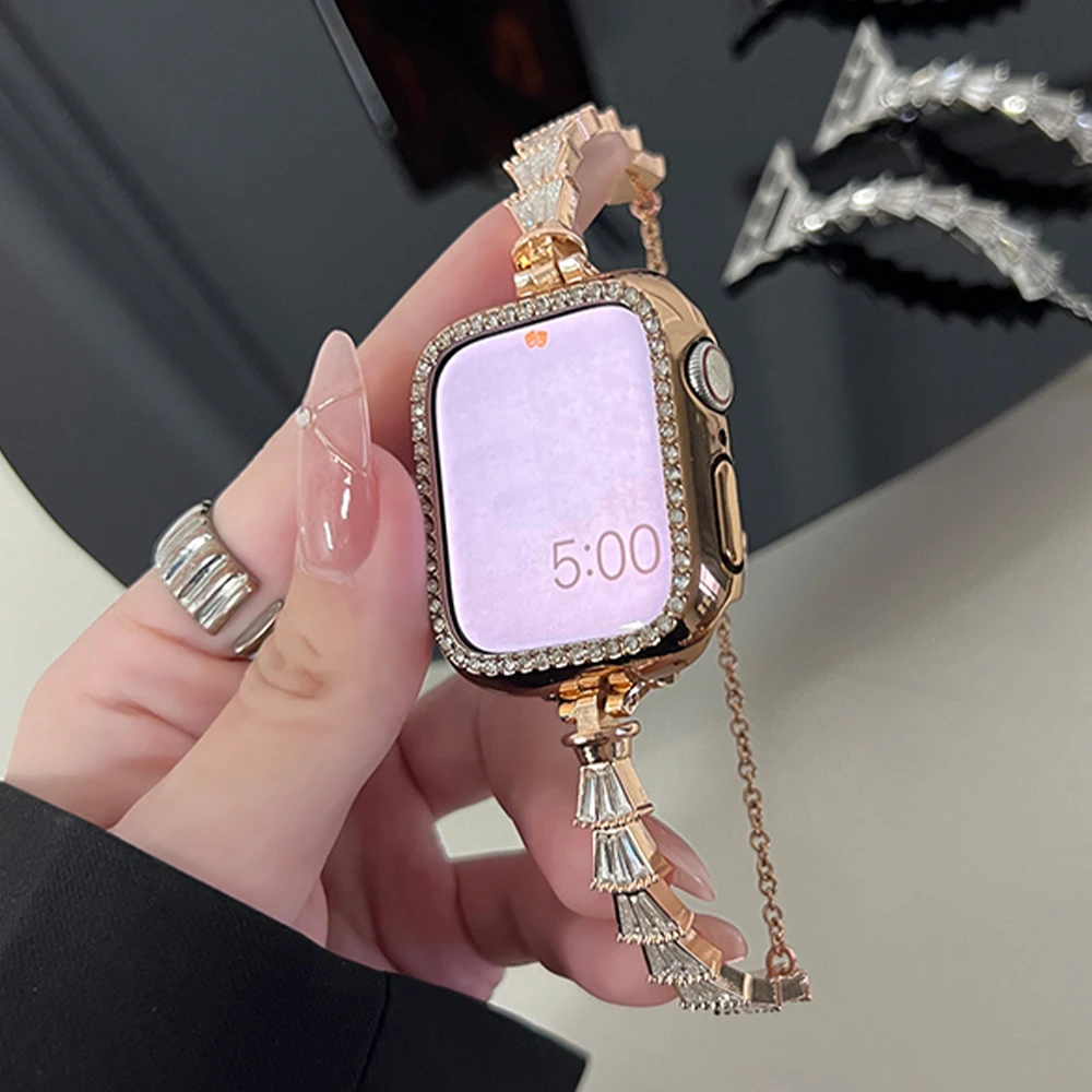 Rose Gold Slim Metal Band for Apple Watch 8 7 Ultra 49mm 41 45mm 40 44mm Women Diamond Bracelet for IWatch Series 8 6 3 4 5 Se 2