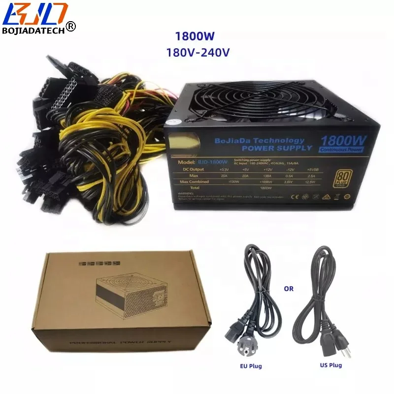 

1800W Switching ATX Power Supply PSU Silent Fan 180V-264V 80 Gold Plus for 8 Graphics Card GPU Rig Frame