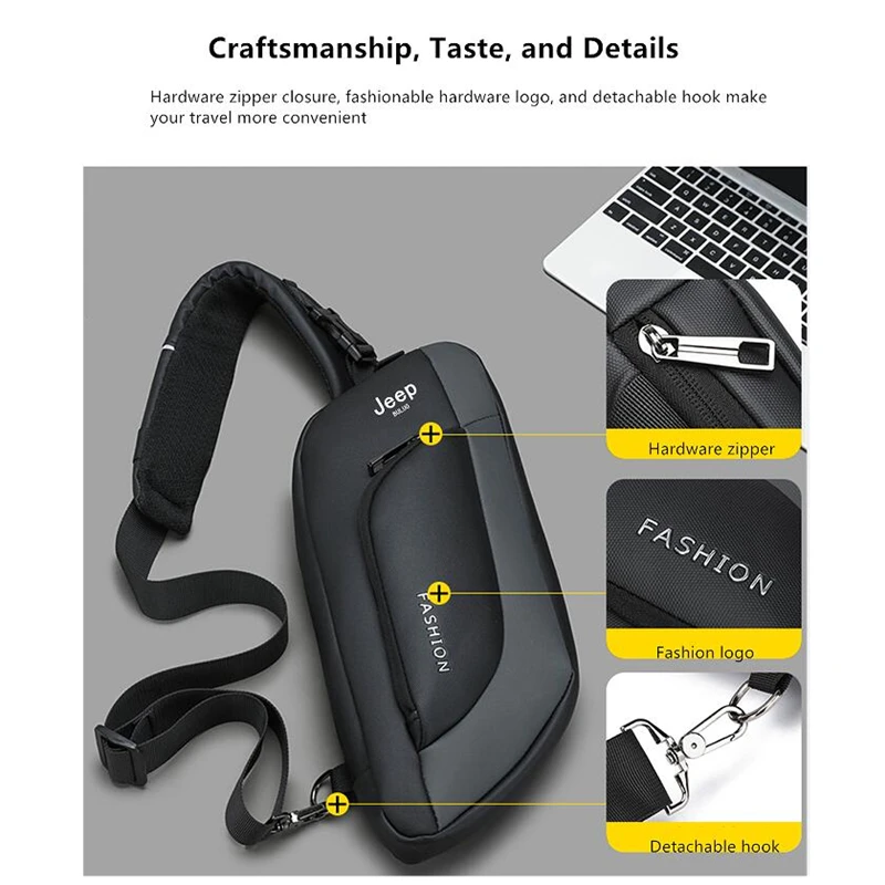 JEEP BULUO Sling Travel Bag Hot Sale Waterproof Casual Chest Bag Male Crossbody Fashion Shoulder Trend Black Messenger