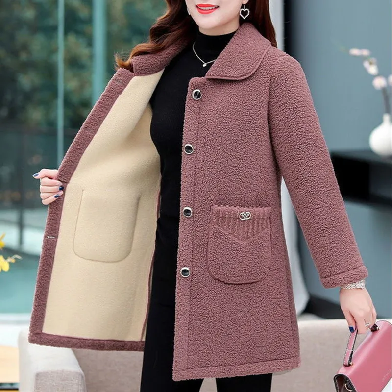 

Middle-aged Mothers Faux lamb Wool Coat 2023 Autumn Winter Loose Long-sleeve Outerwear Plus size Solid Female Jacket Casual Tops