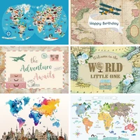 world map blue ocean background animals party children room decor baby birthday portrait custom photography prop family backdrop