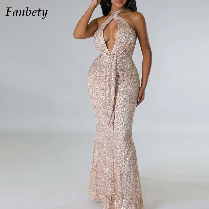 

Зимнее модное облегающее платье с лямкой на шее и блестками, женское Элегантное Длинное платье без рукавов, женские осенние повседневные об...