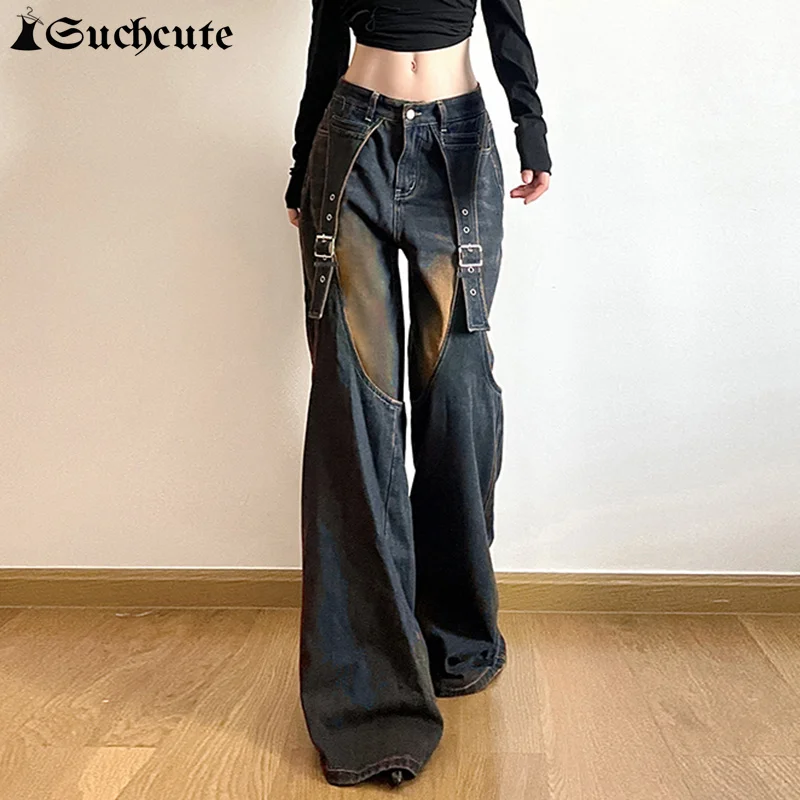 

Милые джинсовые брюки для женщин, винтажные широкие брюки из двух частей, модные повседневные уличные джинсы Y2k