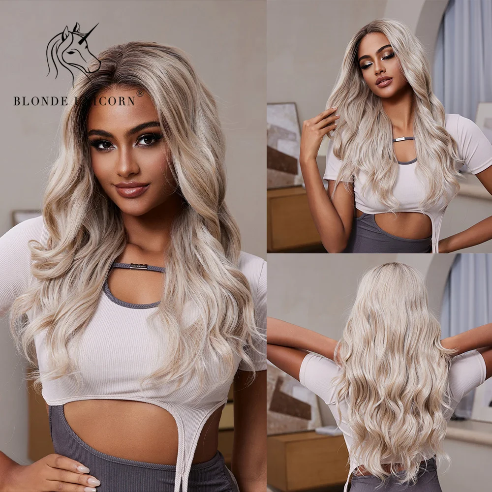 

Blonde Unicorn 13*4 Lace Front Brown Blonde Wavy Synthetic Wigs for Black White Women Daily Party Cosplay Use Heat Resistant