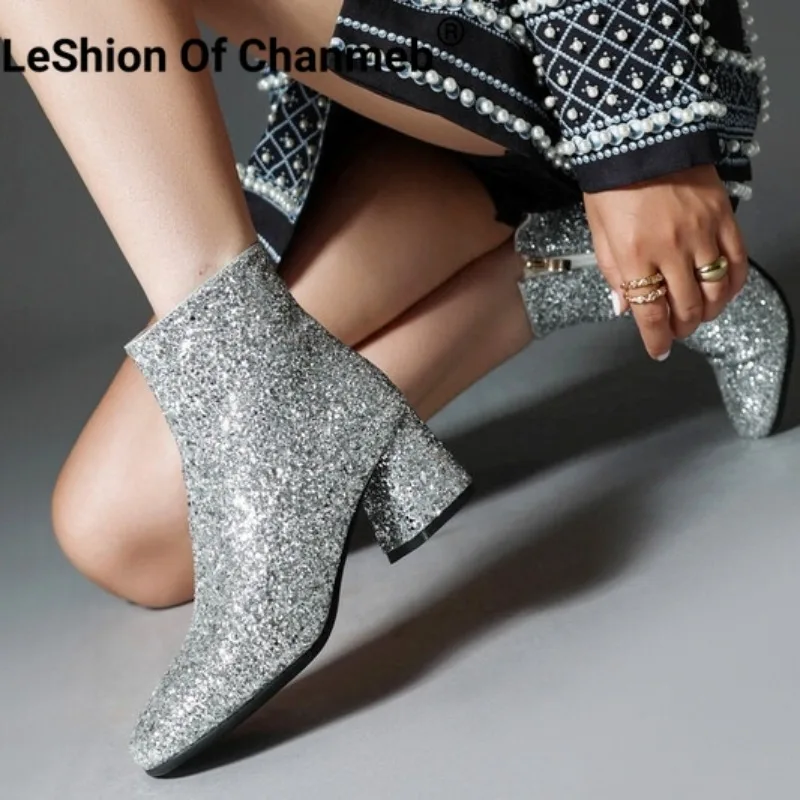 

LeShion Of Chanmeb Silver Bling Bling Boots for Women Block High Heel Gold Glitter Ankle Boot Zipper Woman Red Sequin Shoe 32-48