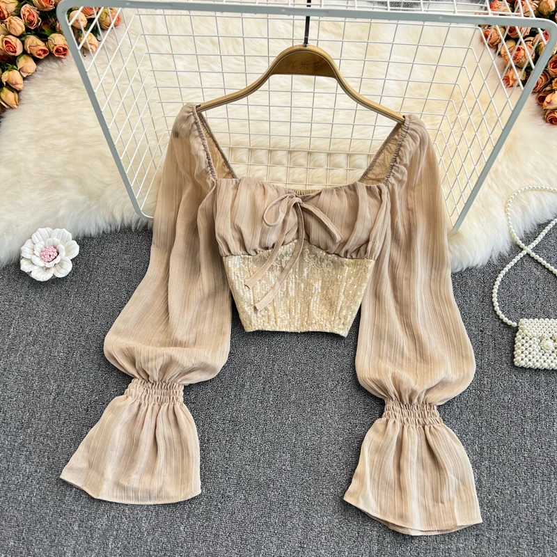 

Women Spring Autumn Clothes Fashion Short Flare Sleeve Square Collar Pullover Sequin Slim Female Tops Elegant Ladies Blouse