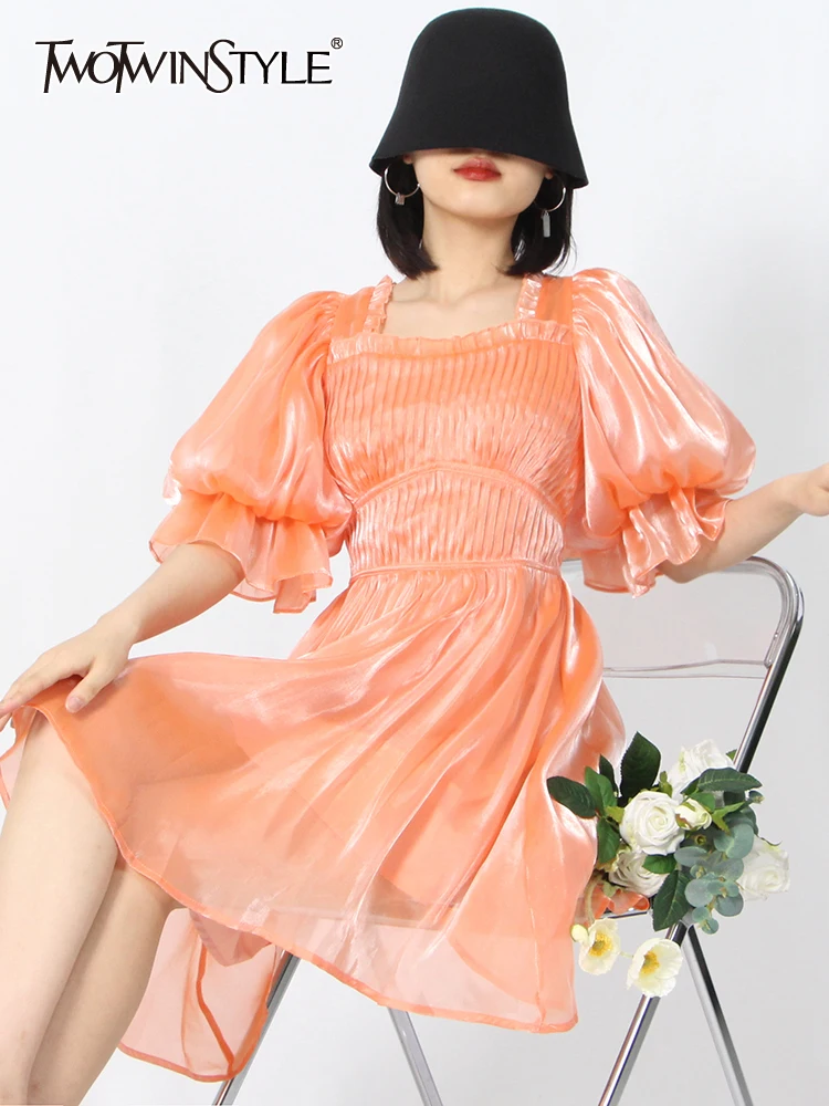 

Женское платье с открытой спиной TWOTWINSTYLE, летнее платье с квадратным воротником и пышными рукавами, с высокой талией, минималистичное платье...