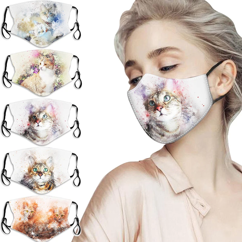 

Washable Cotton Mouth Masks Adult Breathable Fashion Cat Print Face Mask Adjustable Ear Band PM2.5 Filters One Piece Mascarillas