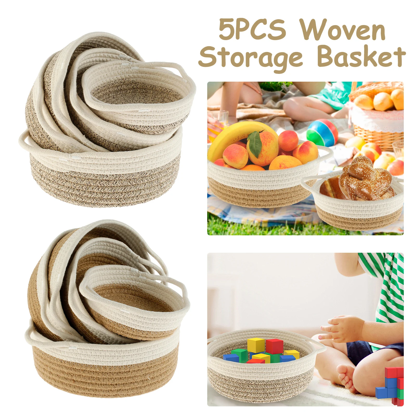 

5Pcs Cotton Rope Woven Basket with Handle Round Rope Storage Basket 5 Sizes Soft Woven Blanket Nursery Storage Bin Decorative