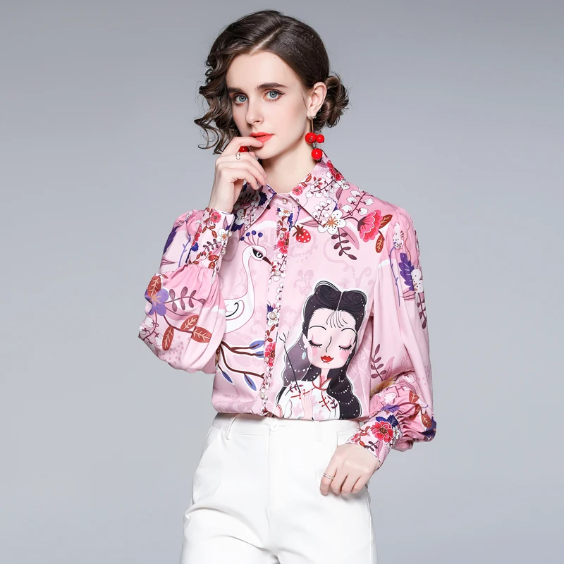 

Printing Women's Blouse Loose Polo Shirt Summer Season Fashion Casual Chiffon Long Sleeve Top Female Clothing