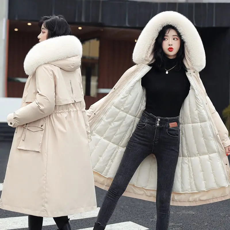 Women's Winter Hooded Faux Fur Collar Jacket Women's Medium Long Waistline Slim Large Pocket Cotton Jacket Women's Coat
