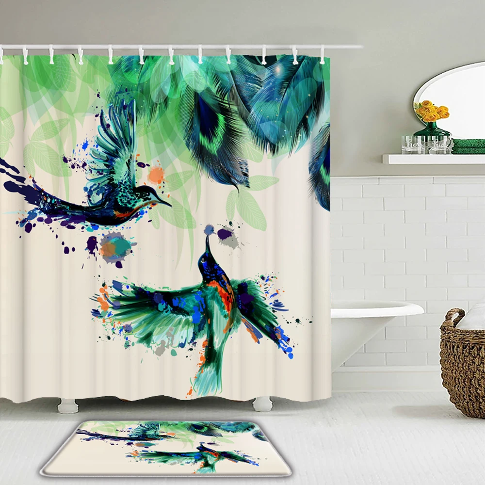 

Colorful Feather Flower Birds Bathroom Decorate Shower Curtains Set Toilet Non-Slip Bath Mat Rug Sets Waterproof Bath Curtains