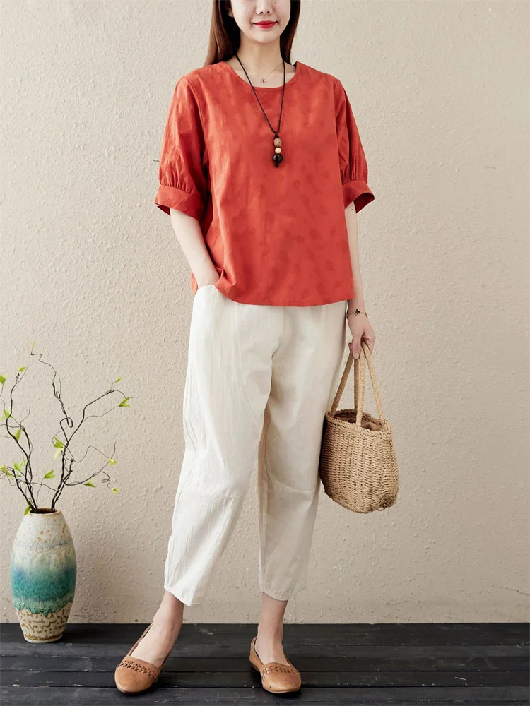 

2023 Summer New Fashion Women's Cotton Hemp Two Piece Casual Loose Solid Color Short Sleeve Top + Beige Leg Trouser Set Female