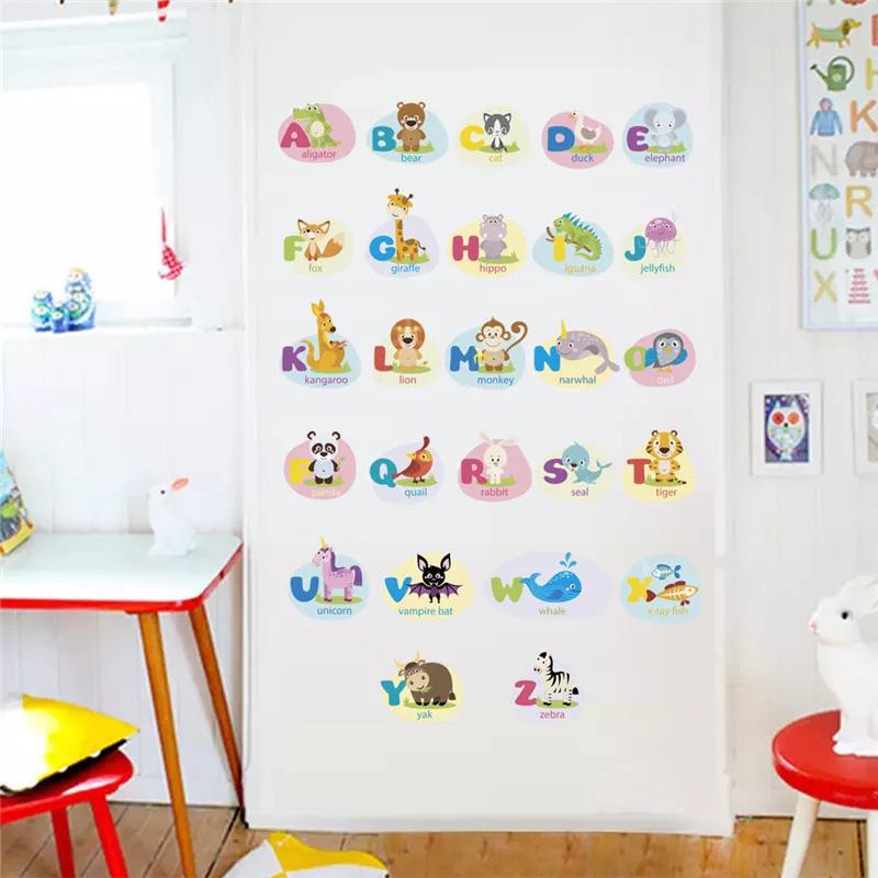 

Cartoon Animal English Alphabet Wall Stickers For Kindergarten Kids Room Home Decorations Nursey Wall Decal Diy Safari Mural Art