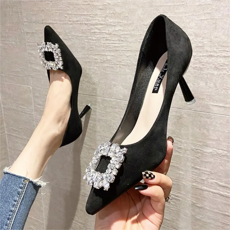 

Women Shoes Fashion Rhinestone Square Buckle Bridesmaid Wedding Shoes Solid Flock Pointed Toe Stiletto Pumps French High Heels