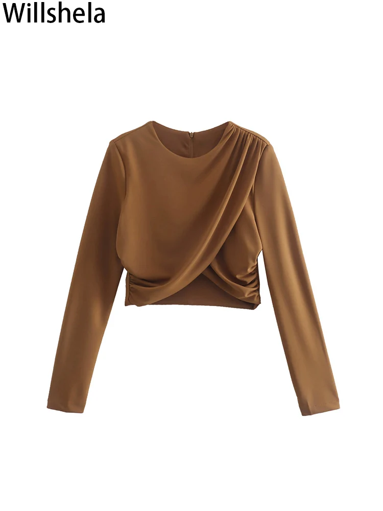 

Женские модные однотонные укороченные рубашки Willshela с принтом на молнии сзади, винтажный женский шикарный укороченный топ с круглым вырезо...