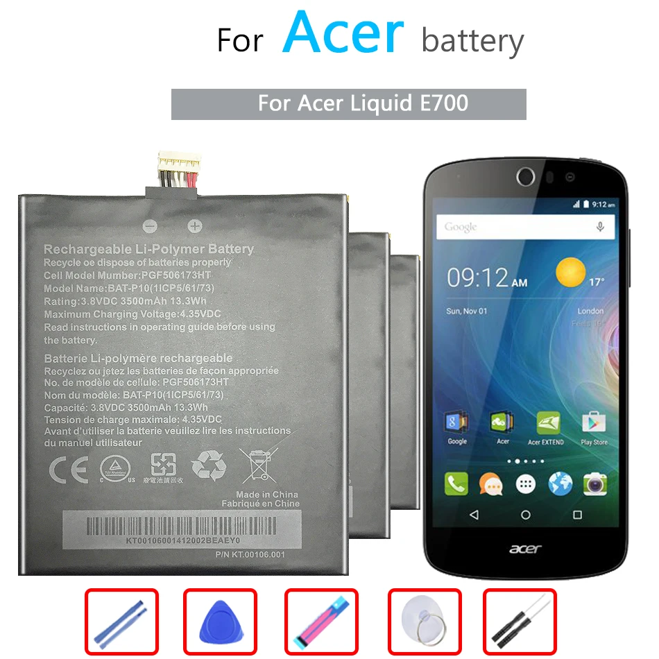 

BAT-P10 Mobile Phone Battery 3500mAh For Acer Liquid E700,Liquid E700 Triple ,E39 PGF506173HT Replacement Battery + Tools