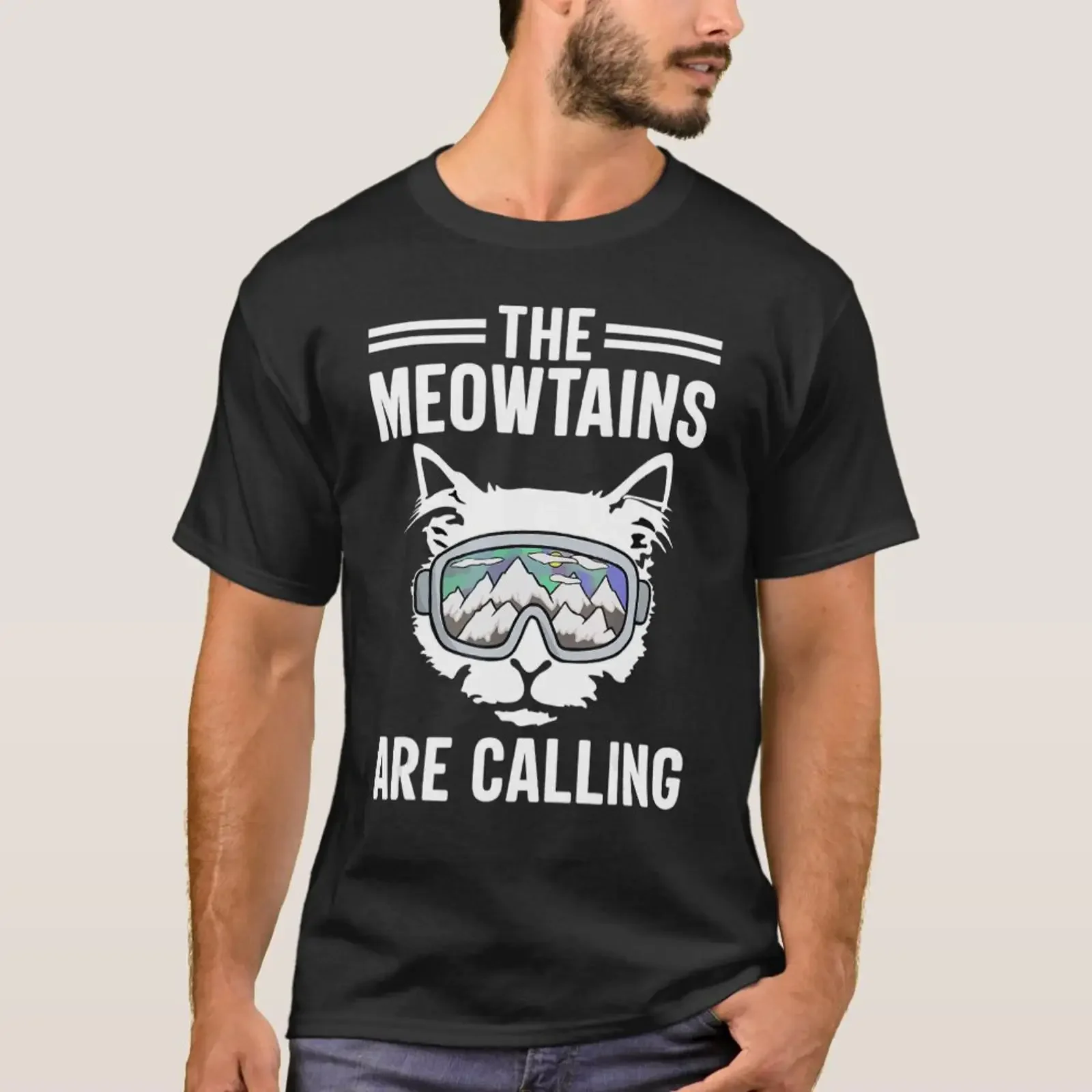 Фото Футболка Cat the Meowtains Are Calling Snowboard Ski Mounta, винтажная, с эффектом потертости, эластичная, с графическим принтом, мягкая, мужская, дышащая, в стиле стритвир №1