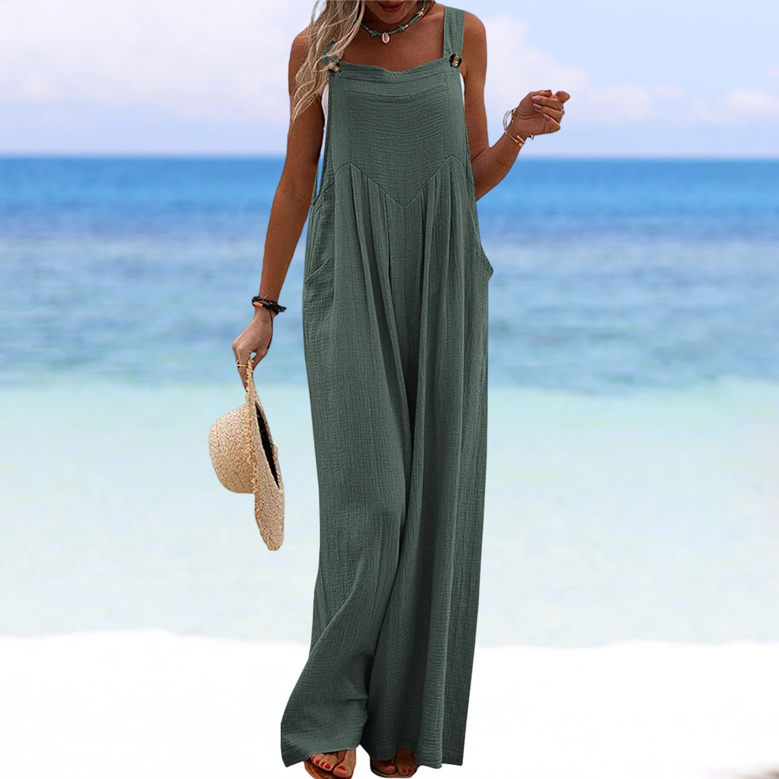 

Casual Women Summer Straps Wide Leg Pants Sleeveless Vintage Loose Pockets Rompers Outfits Solid Color for Travel Beach Vacation