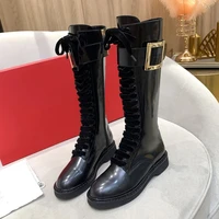 2022 new square buckle high boots womens martin boots leather flat bottom long tube knight boots spring and autumn single boots